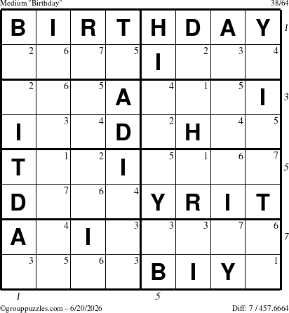 The grouppuzzles.com Medium Birthday puzzle for Saturday June 20, 2026 with all 7 steps marked