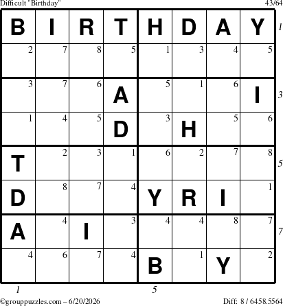 The grouppuzzles.com Difficult Birthday puzzle for Saturday June 20, 2026 with all 8 steps marked