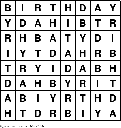 The grouppuzzles.com Answer grid for the Birthday puzzle for Saturday June 20, 2026