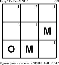 The grouppuzzles.com Easy TicTac-MNO puzzle for Saturday June 20, 2026 with the first 2 steps marked