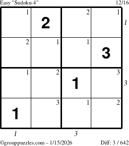 The grouppuzzles.com Easy Sudoku-4 puzzle for Thursday January 15, 2026, suitable for printing, with all 3 steps marked
