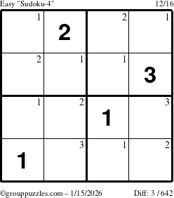 The grouppuzzles.com Easy Sudoku-4 puzzle for Thursday January 15, 2026 with the first 3 steps marked