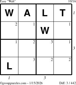 The grouppuzzles.com Easy Walt puzzle for Thursday January 15, 2026, suitable for printing, with all 3 steps marked