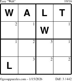 The grouppuzzles.com Easy Walt puzzle for Thursday January 15, 2026 with the first 3 steps marked