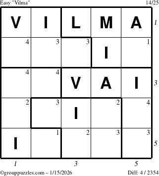The grouppuzzles.com Easy Vilma puzzle for Thursday January 15, 2026 with all 4 steps marked