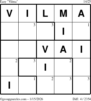 The grouppuzzles.com Easy Vilma puzzle for Thursday January 15, 2026 with the first 3 steps marked