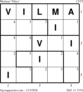 The grouppuzzles.com Medium Vilma puzzle for Thursday January 15, 2026 with all 4 steps marked