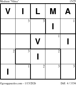 The grouppuzzles.com Medium Vilma puzzle for Thursday January 15, 2026 with the first 3 steps marked