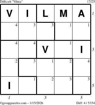 The grouppuzzles.com Difficult Vilma puzzle for Thursday January 15, 2026, suitable for printing, with all 4 steps marked