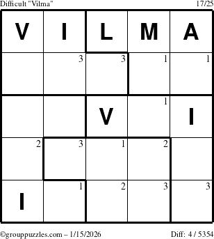 The grouppuzzles.com Difficult Vilma puzzle for Thursday January 15, 2026 with the first 3 steps marked