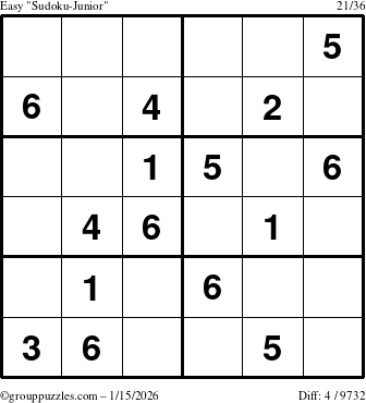 The grouppuzzles.com Easy Sudoku-Junior puzzle for Thursday January 15, 2026