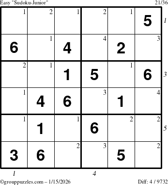 The grouppuzzles.com Easy Sudoku-Junior puzzle for Thursday January 15, 2026, suitable for printing, with all 4 steps marked