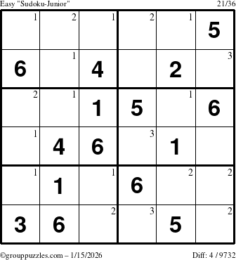 The grouppuzzles.com Easy Sudoku-Junior puzzle for Thursday January 15, 2026 with the first 3 steps marked