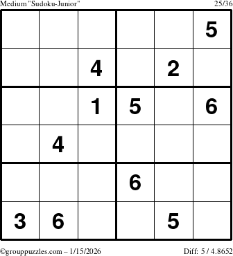 The grouppuzzles.com Medium Sudoku-Junior puzzle for Thursday January 15, 2026
