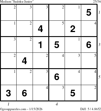The grouppuzzles.com Medium Sudoku-Junior puzzle for Thursday January 15, 2026 with all 5 steps marked