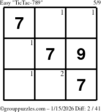 The grouppuzzles.com Easy TicTac-789 puzzle for Thursday January 15, 2026 with the first 2 steps marked
