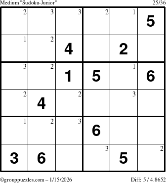 The grouppuzzles.com Medium Sudoku-Junior puzzle for Thursday January 15, 2026 with the first 3 steps marked