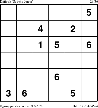 The grouppuzzles.com Difficult Sudoku-Junior puzzle for Thursday January 15, 2026