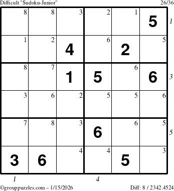 The grouppuzzles.com Difficult Sudoku-Junior puzzle for Thursday January 15, 2026, suitable for printing, with all 8 steps marked