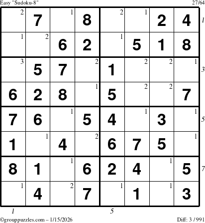 The grouppuzzles.com Easy Sudoku-8 puzzle for Thursday January 15, 2026 with all 3 steps marked