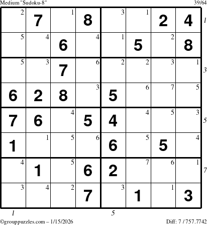 The grouppuzzles.com Medium Sudoku-8 puzzle for Thursday January 15, 2026 with all 7 steps marked