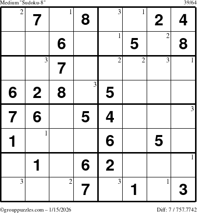 The grouppuzzles.com Medium Sudoku-8 puzzle for Thursday January 15, 2026 with the first 3 steps marked