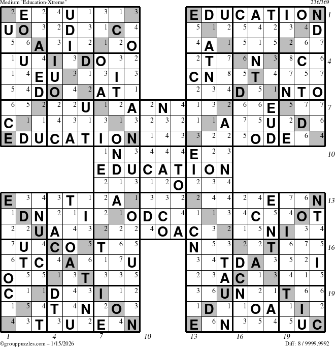 The grouppuzzles.com Medium Education-Xtreme puzzle for Thursday January 15, 2026, suitable for printing, with all 8 steps marked