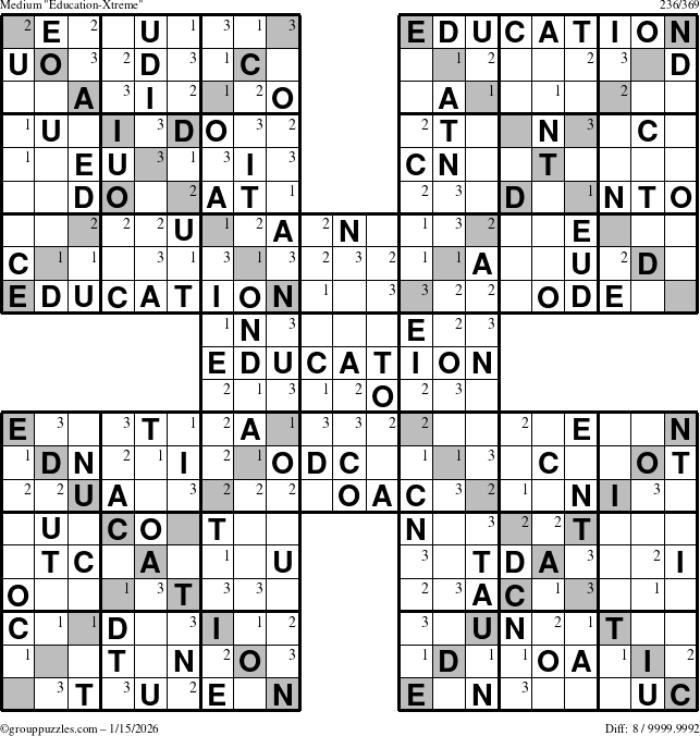 The grouppuzzles.com Medium Education-Xtreme puzzle for Thursday January 15, 2026 with the first 3 steps marked