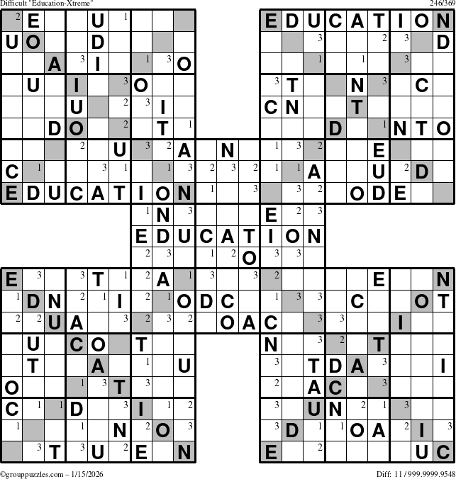 The grouppuzzles.com Difficult Education-Xtreme puzzle for Thursday January 15, 2026 with the first 3 steps marked