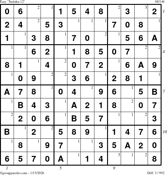 The grouppuzzles.com Easy Sudoku-12 puzzle for Thursday January 15, 2026, suitable for printing, with all 3 steps marked