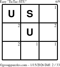 The grouppuzzles.com Easy TicTac-STU puzzle for Thursday January 15, 2026 with the first 2 steps marked