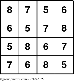 The grouppuzzles.com Answer grid for the Sudoku-4-5678 puzzle for Friday July 18, 2025