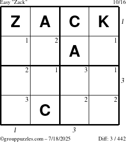The grouppuzzles.com Easy Zack puzzle for Friday July 18, 2025 with all 3 steps marked