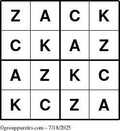 The grouppuzzles.com Answer grid for the Zack puzzle for Friday July 18, 2025