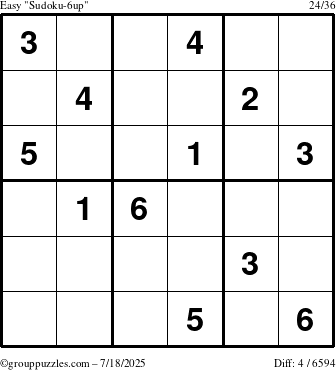 The grouppuzzles.com Easy Sudoku-6up puzzle for Friday July 18, 2025