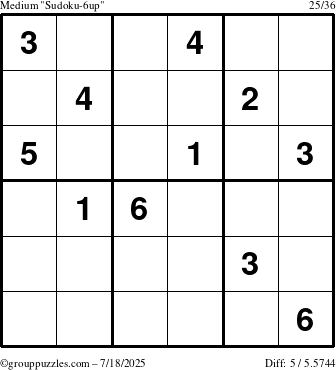 The grouppuzzles.com Medium Sudoku-6up puzzle for Friday July 18, 2025