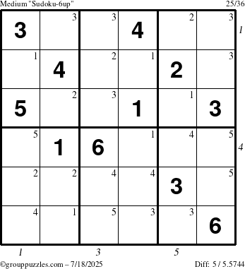 The grouppuzzles.com Medium Sudoku-6up puzzle for Friday July 18, 2025 with all 5 steps marked
