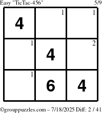 The grouppuzzles.com Easy TicTac-456 puzzle for Friday July 18, 2025 with the first 2 steps marked