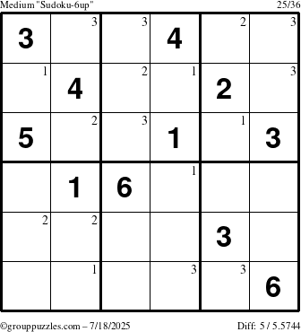 The grouppuzzles.com Medium Sudoku-6up puzzle for Friday July 18, 2025 with the first 3 steps marked