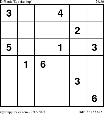 The grouppuzzles.com Difficult Sudoku-6up puzzle for Friday July 18, 2025