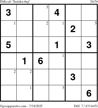 The grouppuzzles.com Difficult Sudoku-6up puzzle for Friday July 18, 2025 with the first 3 steps marked