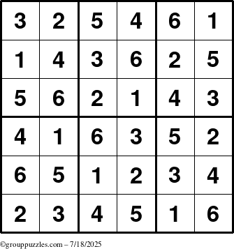 The grouppuzzles.com Answer grid for the Sudoku-6up puzzle for Friday July 18, 2025