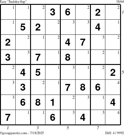 The grouppuzzles.com Easy Sudoku-8up puzzle for Friday July 18, 2025 with all 4 steps marked
