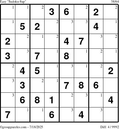 The grouppuzzles.com Easy Sudoku-8up puzzle for Friday July 18, 2025 with the first 3 steps marked