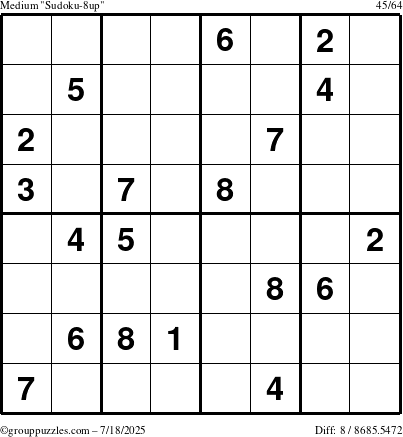 The grouppuzzles.com Medium Sudoku-8up puzzle for Friday July 18, 2025