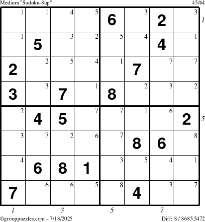 The grouppuzzles.com Medium Sudoku-8up puzzle for Friday July 18, 2025 with all 8 steps marked