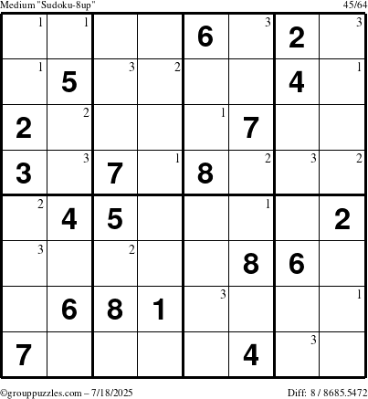 The grouppuzzles.com Medium Sudoku-8up puzzle for Friday July 18, 2025 with the first 3 steps marked