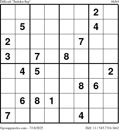The grouppuzzles.com Difficult Sudoku-8up puzzle for Friday July 18, 2025