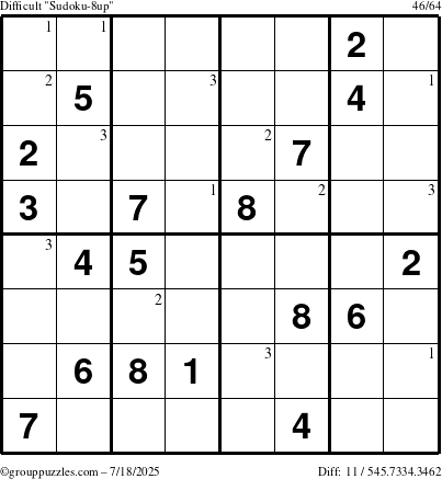 The grouppuzzles.com Difficult Sudoku-8up puzzle for Friday July 18, 2025 with the first 3 steps marked