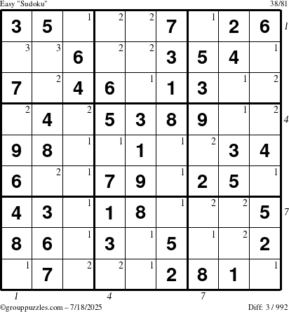 The grouppuzzles.com Easy Sudoku puzzle for Friday July 18, 2025 with all 3 steps marked